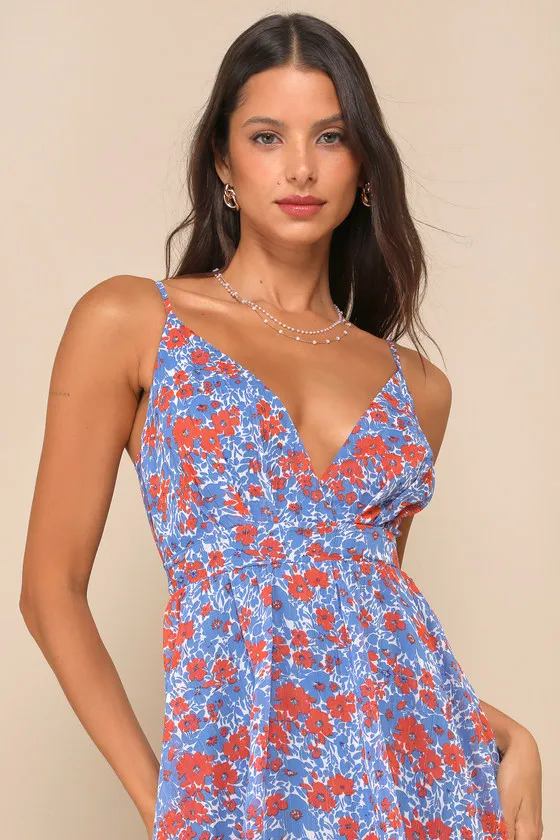 Adorable Obsession Blue Floral Print Lurex Tiered Midi Dress sold by Lulus product image thumbnail 4