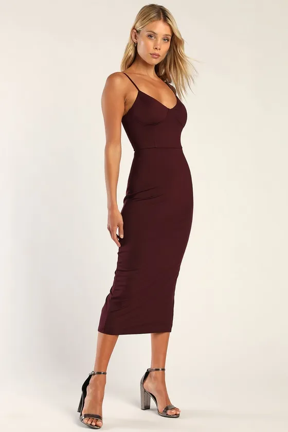 Sophisticated Soiree Plum Purple Bustier Midi Bodycon Dress sold by Lulus product image thumbnail 2