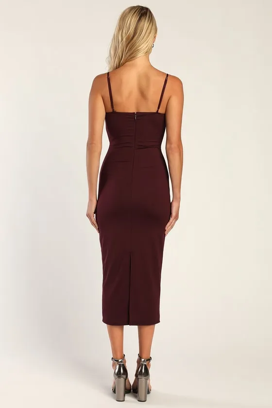 Sophisticated Soiree Plum Purple Bustier Midi Bodycon Dress sold by Lulus product image thumbnail 4