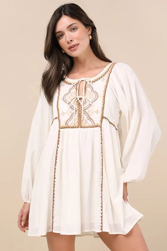 Exceptionally Dreamy Ivory Embroidered Mini Shift Dress sold by Lulus