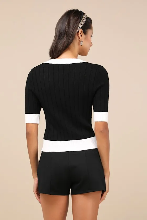 Posh Vibes Black and Ivory Short Sleeve Cardigan Sweater Top sold by Lulus product image thumbnail 3