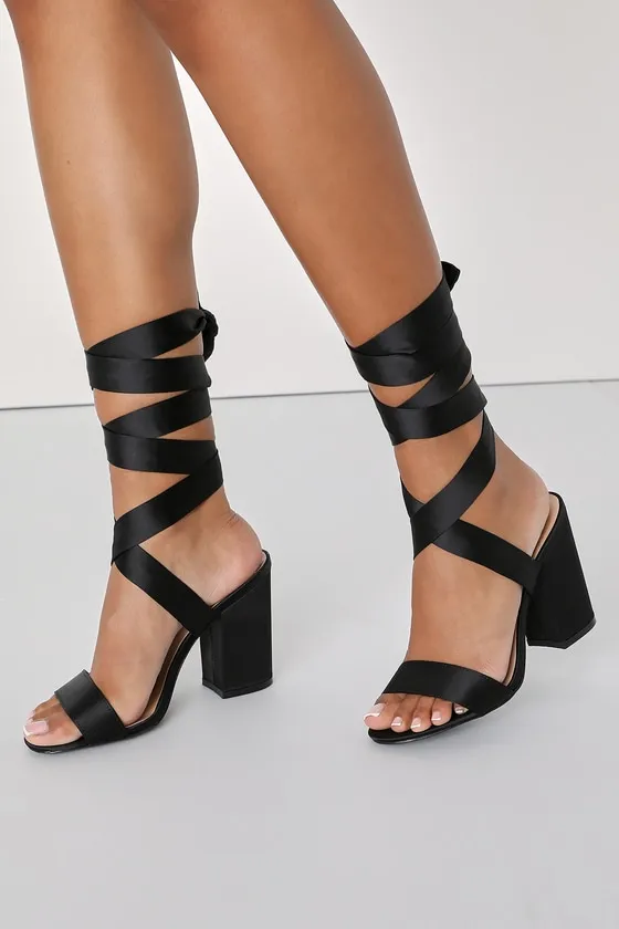 Alta Black Satin Lace-Up Heels sold by Lulus