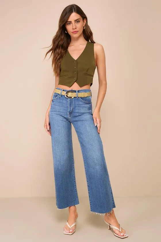 Stylish Promise Medium Wash Wide-Leg Raw Hem Jeans sold by Lulus