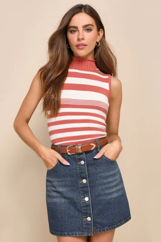 Adorable Disposition Terracotta Striped Mock Neck Sweater Tank sold by Lulus