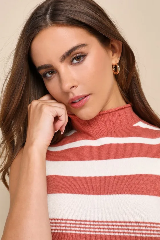 Adorable Disposition Terracotta Striped Mock Neck Sweater Tank sold by Lulus product image thumbnail 4