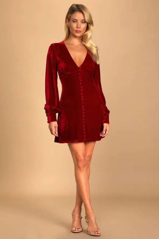 Make it Merry Wine Red Velvet Long Sleeve Button-Up Mini Dress sold by Lulus