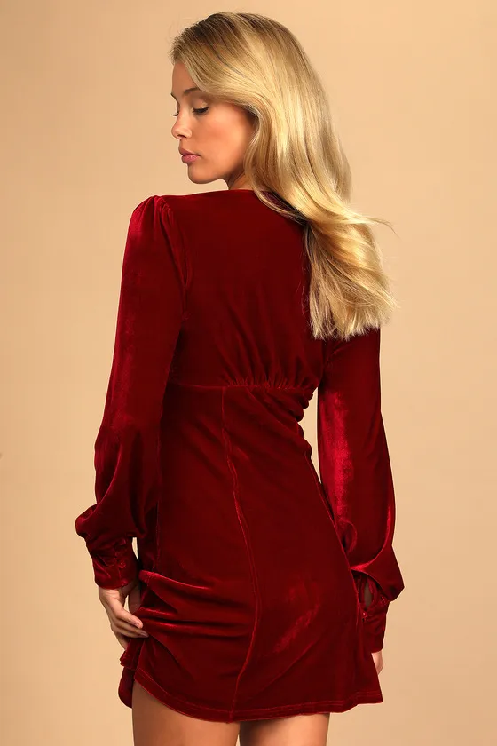 Make it Merry Wine Red Velvet Long Sleeve Button-Up Mini Dress sold by Lulus product image thumbnail 4