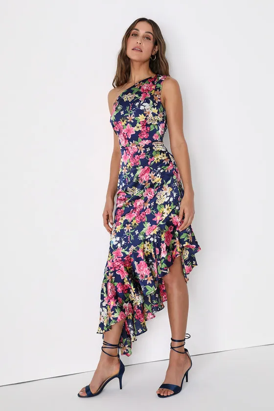 Divinely Blooming Blue Multi Floral One-Shoulder Midi Dress sold by Lulus
