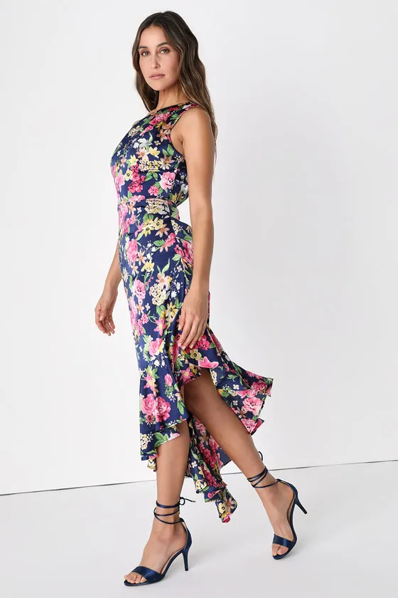 Divinely Blooming Blue Multi Floral One-Shoulder Midi Dress sold by Lulus product image thumbnail 4