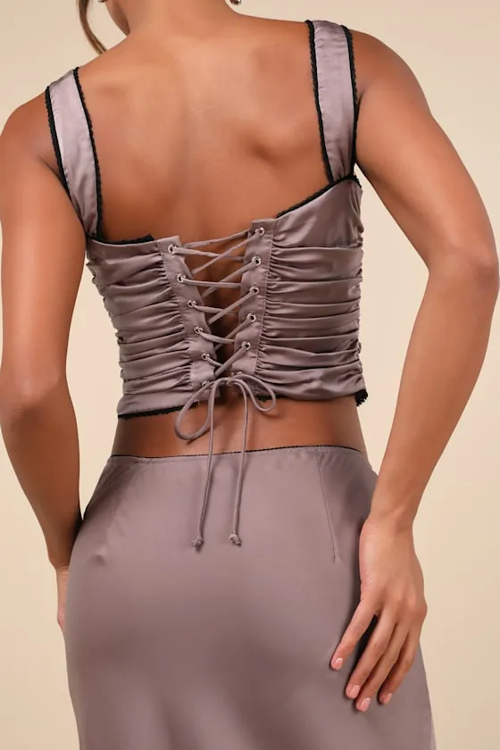 Stan Taupe Satin Ruched Crop Top sold by Lulus product image thumbnail 4