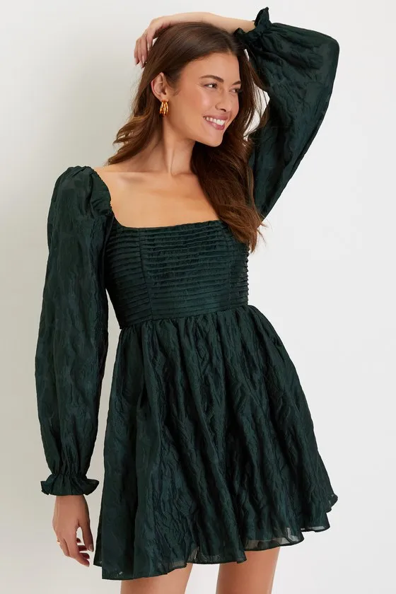 Darling Persona Emerald Green Jacquard Puff Sleeve Mini Dress sold by Lulus
