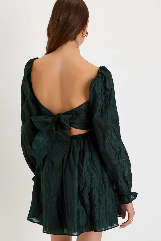Darling Persona Emerald Green Jacquard Puff Sleeve Mini Dress sold by Lulus product image thumbnail 2