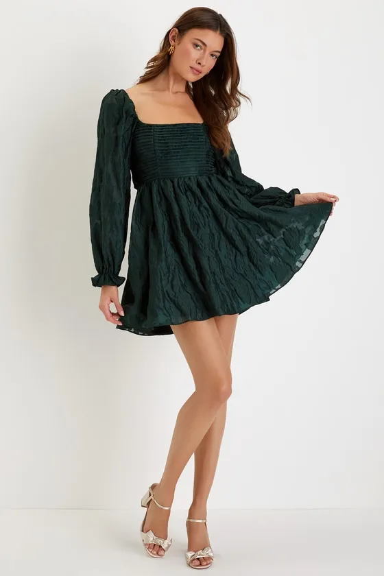 Darling Persona Emerald Green Jacquard Puff Sleeve Mini Dress sold by Lulus product image thumbnail 3