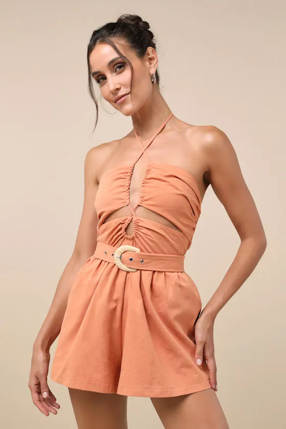 Summer Fantasy Terracotta Cutout Belted Halter Romper sold by Lulus