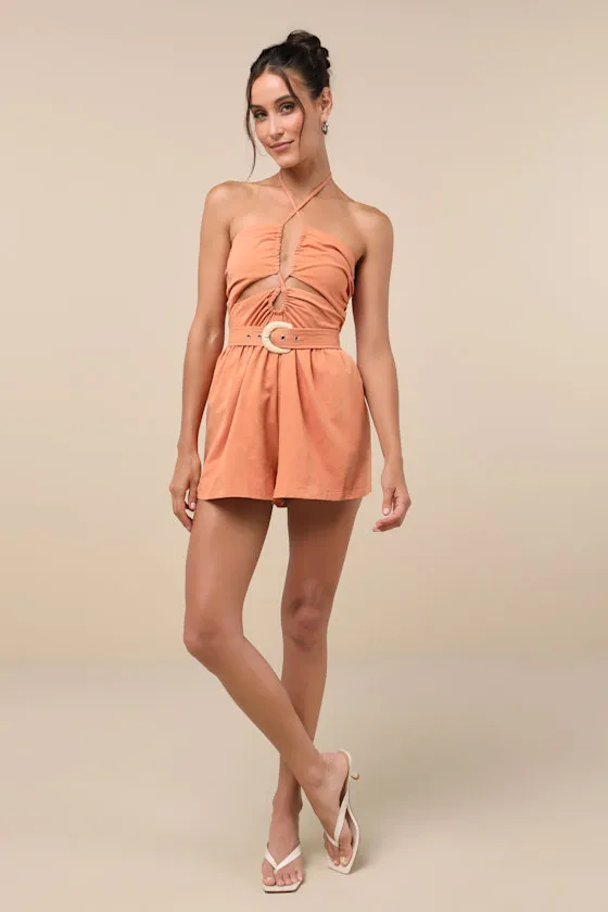 Summer Fantasy Terracotta Cutout Belted Halter Romper sold by Lulus product image thumbnail 3
