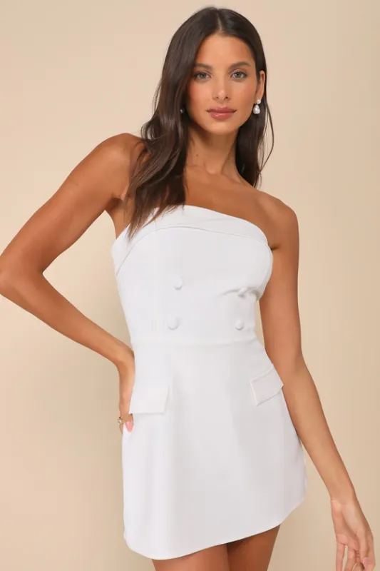 Upscale Pose White Button-Front Strapless Romper sold by Lulus
