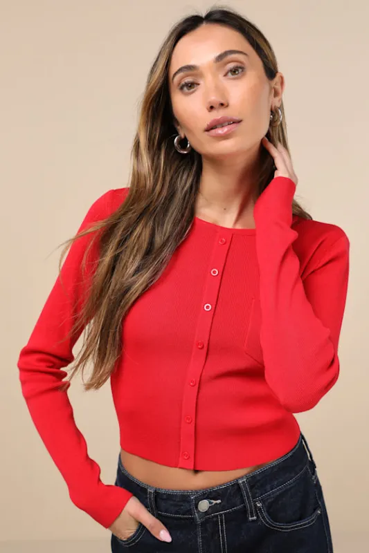 Adorable Theme Red Ribbed Knit Cropped Cardigan Sweater Top sold by Lulus