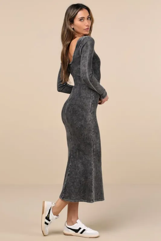 Elevated Coolness Washed Black Long Sleeve Bodycon Midi Dress sold by Lulus