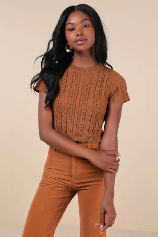 Modish Ways Rust Brown Cable Knit Short Sleeve Sweater Top sold by Lulus