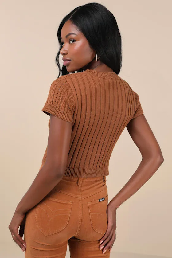 Modish Ways Rust Brown Cable Knit Short Sleeve Sweater Top sold by Lulus product image thumbnail 2