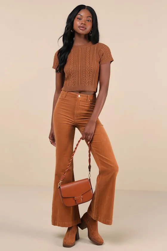 Modish Ways Rust Brown Cable Knit Short Sleeve Sweater Top sold by Lulus product image thumbnail 3