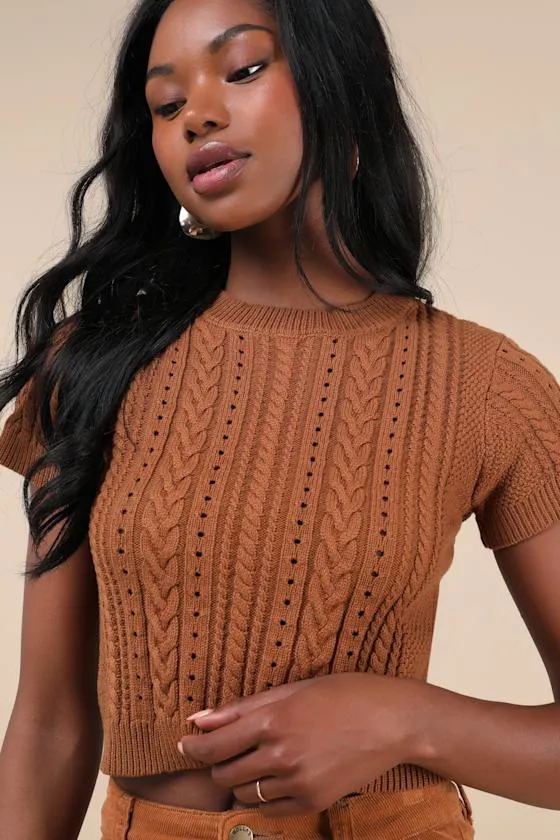 Modish Ways Rust Brown Cable Knit Short Sleeve Sweater Top sold by Lulus product image thumbnail 4