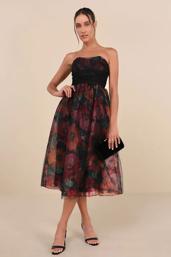 Splendidly Yours Black Floral Organza Mesh Strapless Midi Dress sold by Lulus