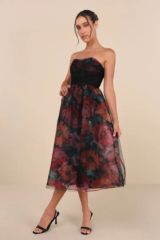 Splendidly Yours Black Floral Organza Mesh Strapless Midi Dress sold by Lulus product image thumbnail 2
