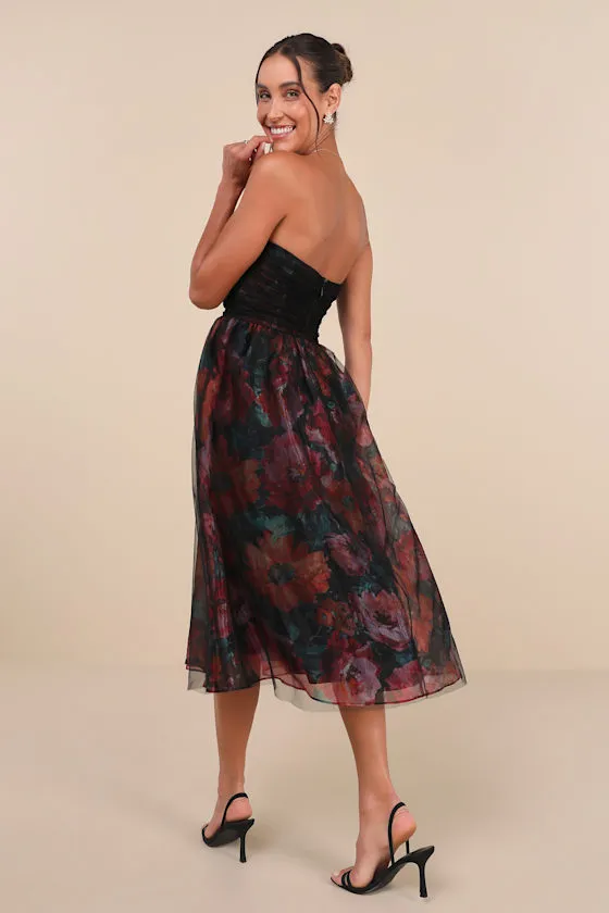 Splendidly Yours Black Floral Organza Mesh Strapless Midi Dress sold by Lulus product image thumbnail 3