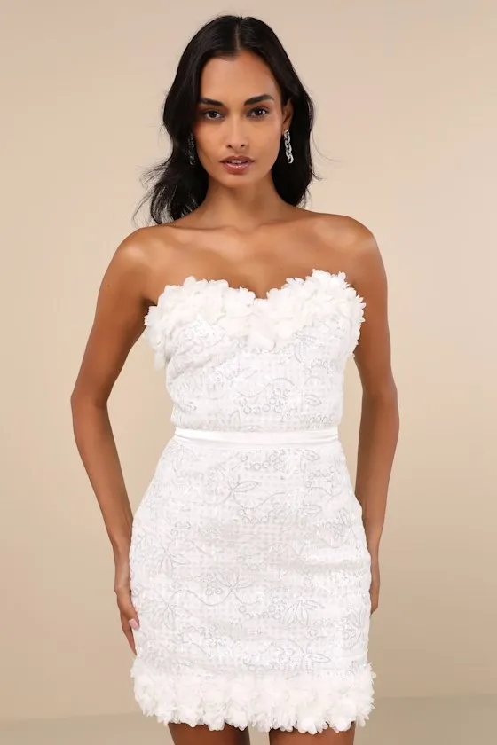 Ideal Party White Sequin Strapless 3D Floral Mini Dress sold by Lulus product image thumbnail 2