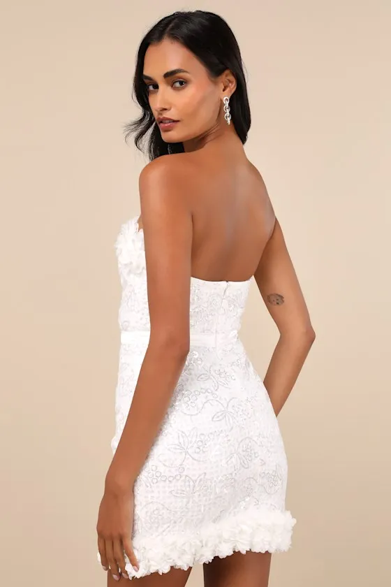 Ideal Party White Sequin Strapless 3D Floral Mini Dress sold by Lulus product image thumbnail 4