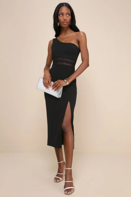 Exceptional Attitude Black Mesh One-Shoulder Bodycon Midi Dress sold by Lulus