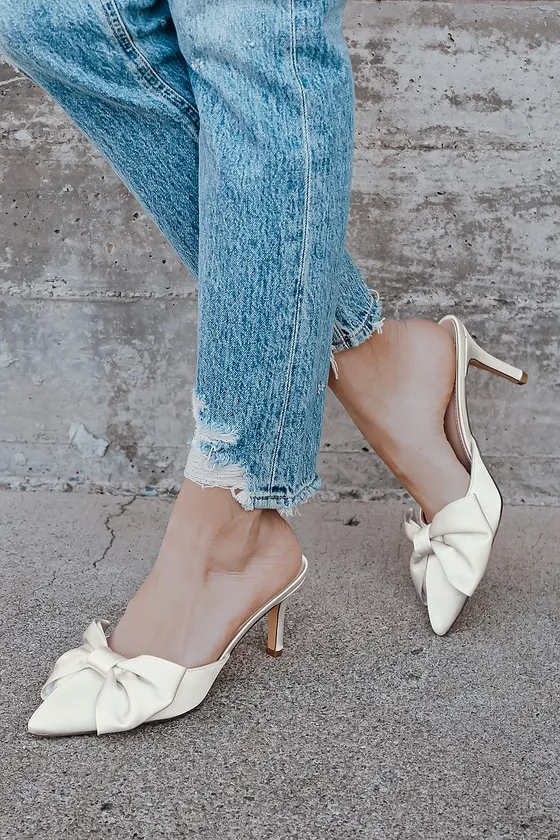 Lyle Ivory Satin Pointed-Toe Mules sold by Lulus product image thumbnail 2