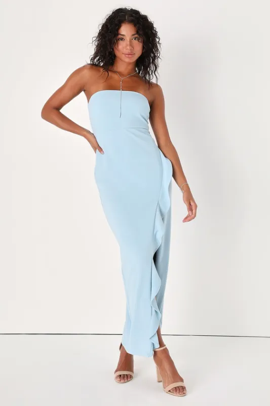 After Hours Light Blue Strapless Ruffled Maxi Dress sold by Lulus