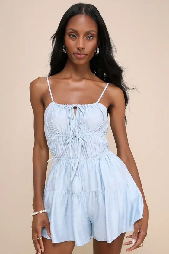 Flirty Cuteness Light Blue Tiered Sleeveless Bow Romper sold by Lulus