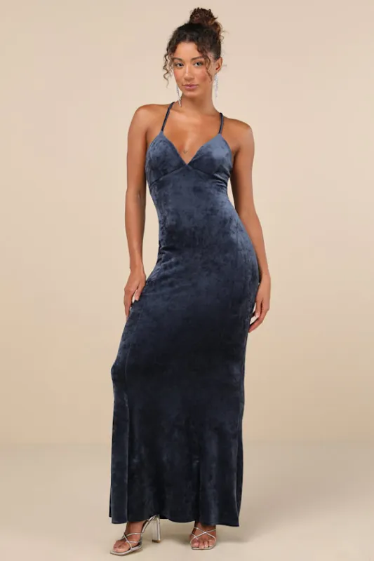 Immensely Luxe Navy Blue Velour Backless Mermaid Maxi Dress sold by Lulus