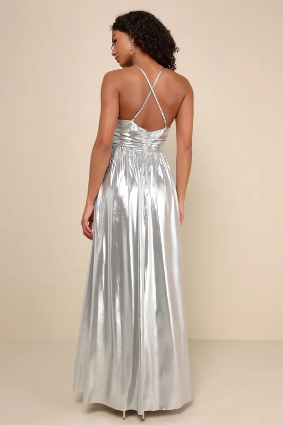 Fabulous Finesse Silver Metallic Twist-Front Maxi Dress sold by Lulus product image thumbnail 2