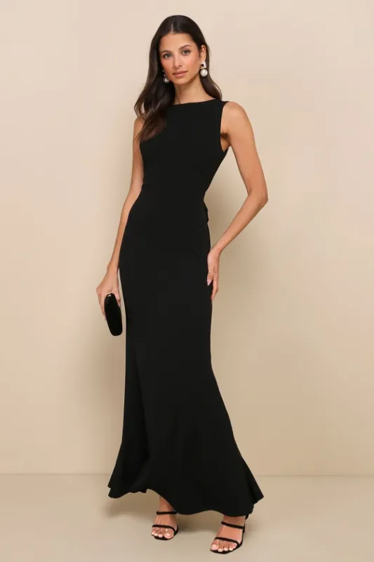 Exquisite Refinement Black Backless Bow Ruffled Maxi Dress sold by Lulus