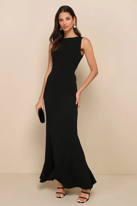 Exquisite Refinement Black Backless Bow Ruffled Maxi Dress sold by Lulus
