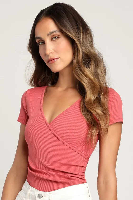 All Day Fave Rusty Rose Ribbed Surplice Short Sleeve Bodysuit sold by Lulus