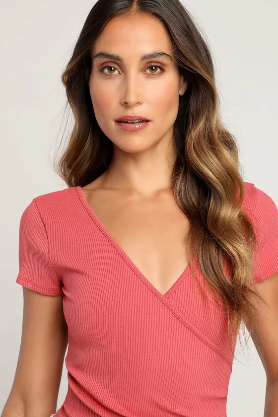 All Day Fave Rusty Rose Ribbed Surplice Short Sleeve Bodysuit sold by Lulus product image thumbnail 3