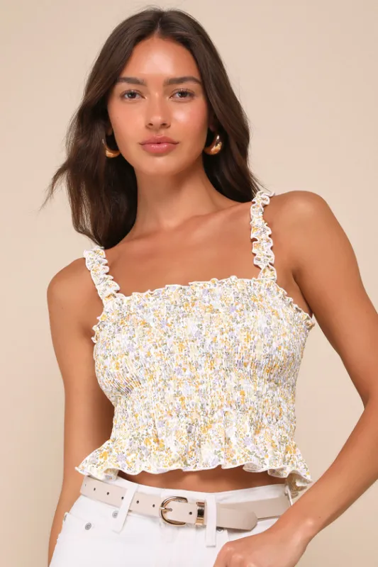 Charismatic Vibes Ivory Multi Floral Smocked Cropped Tank Top sold by Lulus