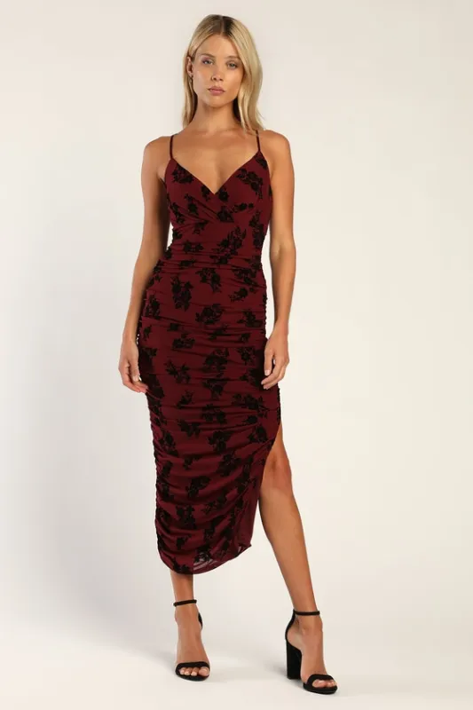 Eloquent Essence Burgundy Burnout Velvet Floral Midi Dress sold by Lulus