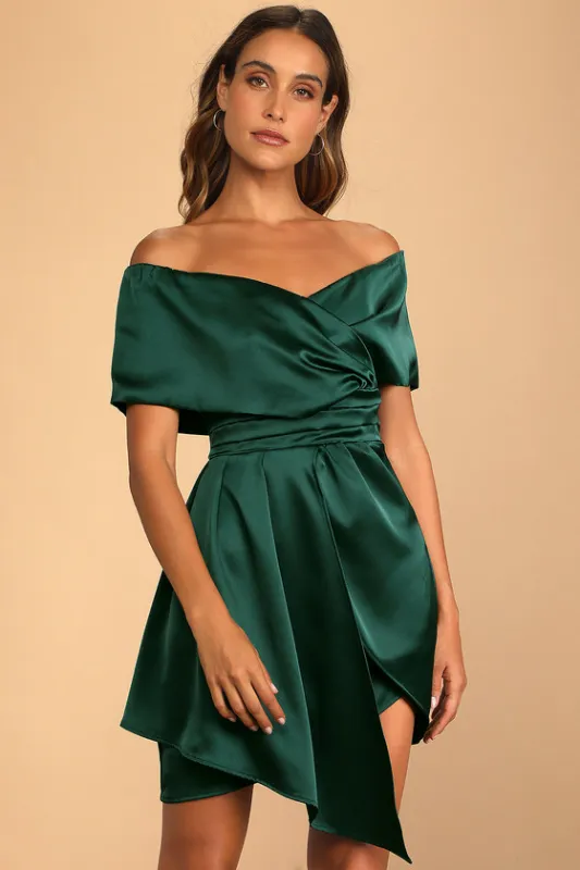 Always Celebrating Dark Green Satin Off-the-Shoulder Mini Dress sold by Lulus