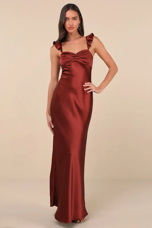 Exuberant Luxury Rust Satin Ruffled Lace-Up Maxi Dress sold by Lulus