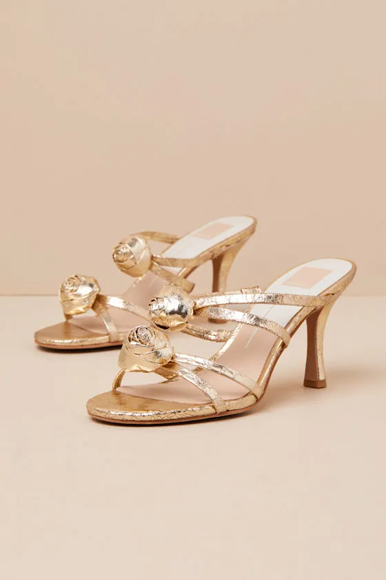 Linzy Gold Distressed Leather Rosette High Heel Slide Sandals sold by Lulus product image thumbnail 2