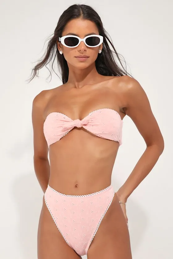 Piper Light Pink Eyelet Cheeky High-Waisted Bikini Bottoms sold by Lulus