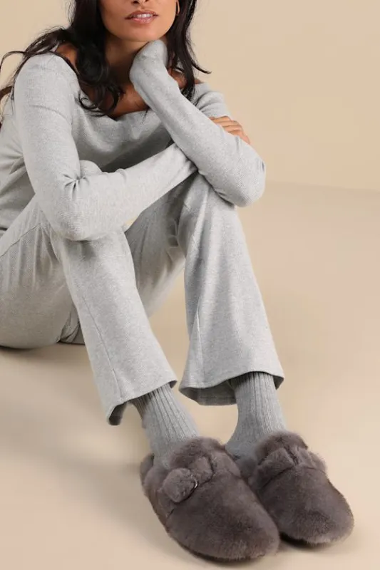 Bohan Grey Faux Fur Buckle Mule Slides made by Steve Madden