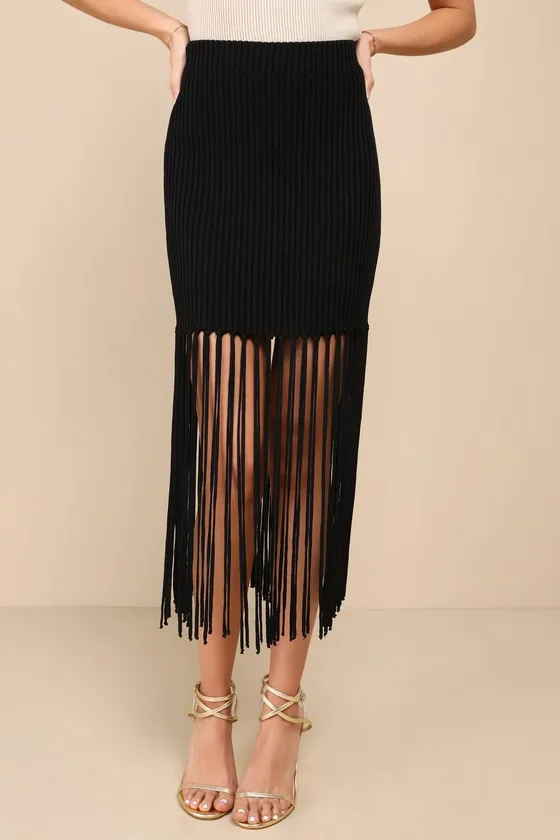 Flawless Statement Black Ribbed Knit Fringe Bodycon Midi Skirt sold by Lulus product image thumbnail 2