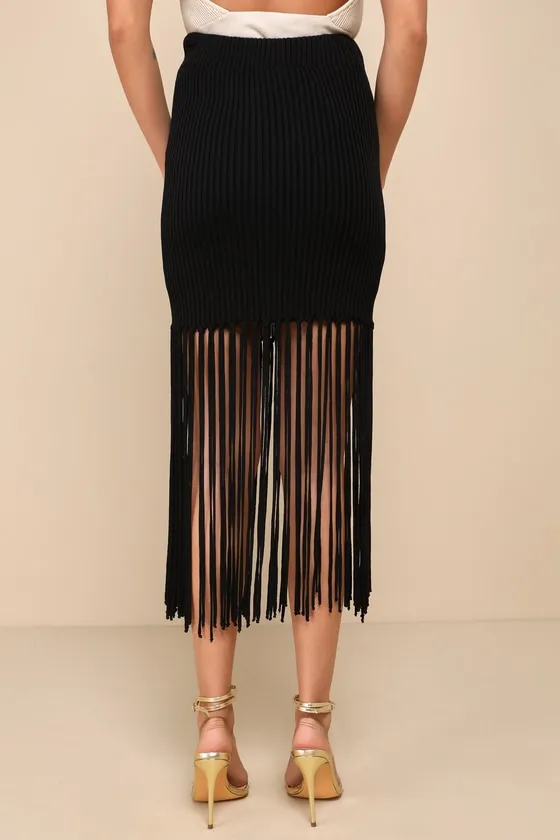 Flawless Statement Black Ribbed Knit Fringe Bodycon Midi Skirt sold by Lulus product image thumbnail 3